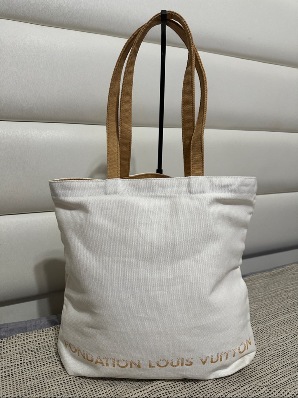 Louis Vuitton Fondation Off White Canvas Tote with Tan Handles